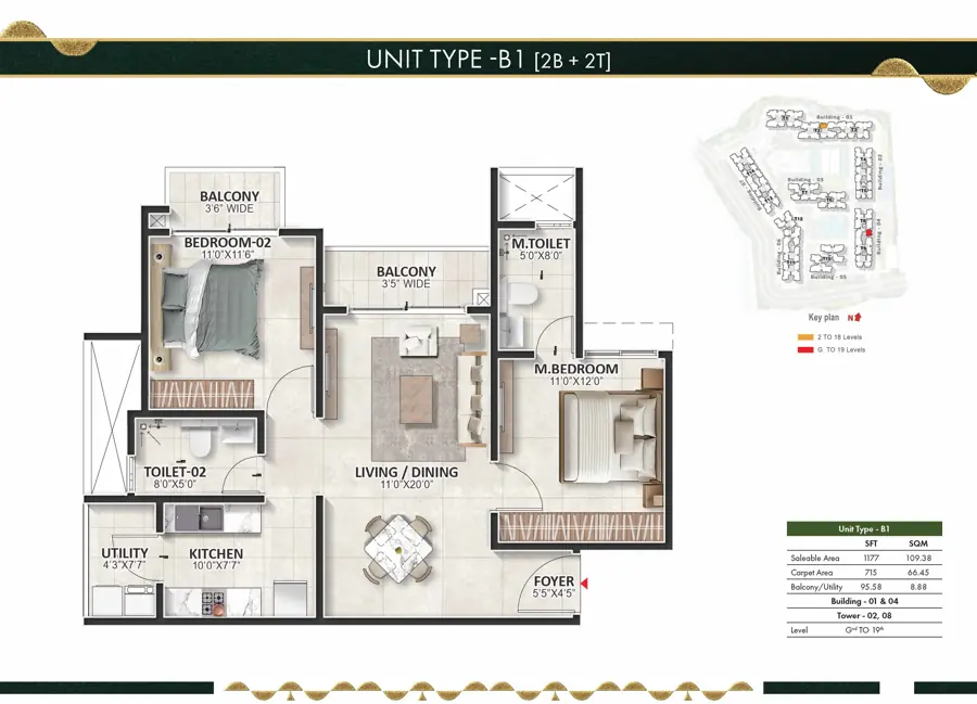 2B2T floor plan at Prestige Evergreen Raintree Park