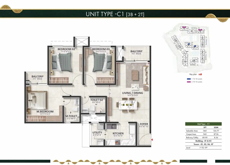 3B2T floor plan at Prestige Evergreen Raintree Park