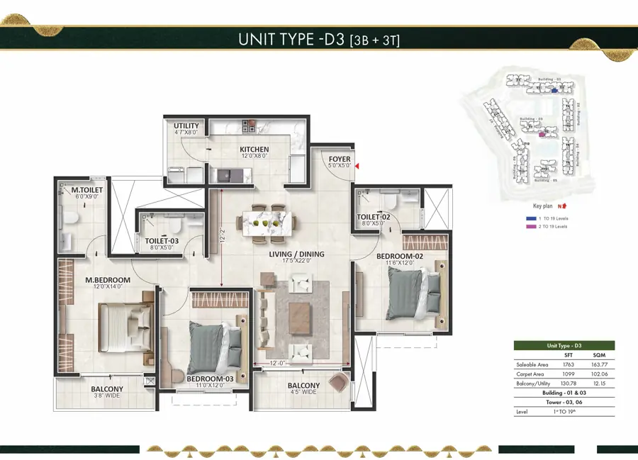 3B3T floor plan at Prestige Evergreen Raintree Park
